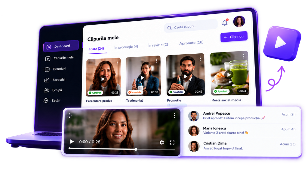Dashboard videocuai pe laptop — clipuri, player video și activitate echipă